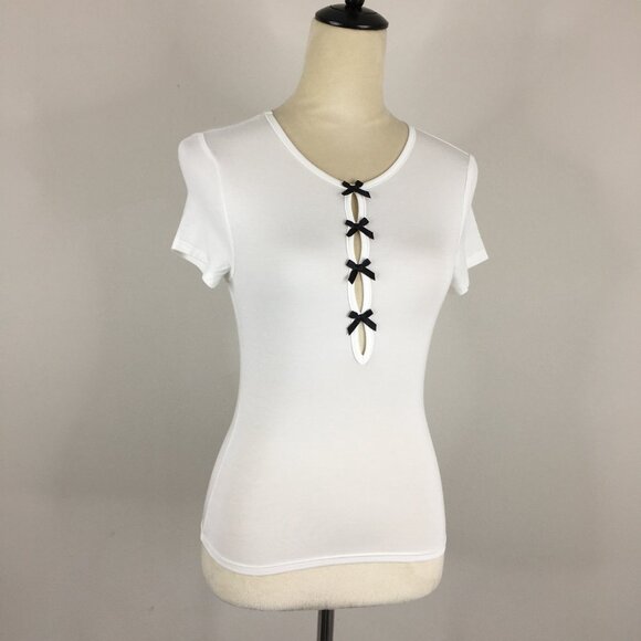 Princess Polly Tops - PRINCESS POLLY Short Sleeve White Black Bow Mini Cut Outs Stretch Fitted Shirt